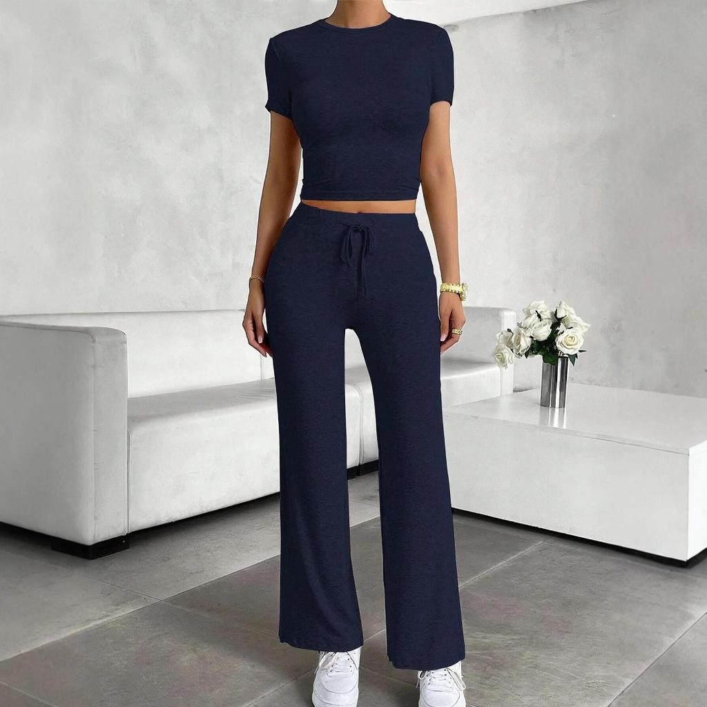 2025 Spring Women Solid Short Sleeve Crop T-Shirt & Drawstring Flared Pants 2 Piece Casual Loungewear Set