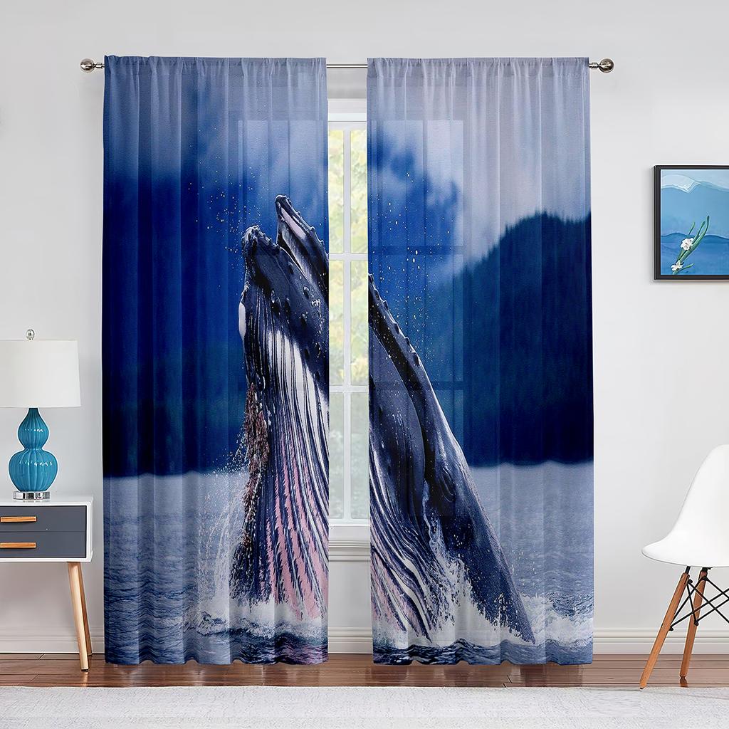 Watercolor Whale Underwater Animal Psychedelic Sheer Window Curtains for Living Room Bedroom Home Decor Chiffon Tulle Curtain