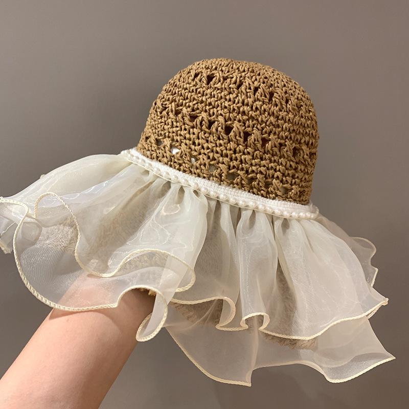 Fairy organza new summer straw hat pearl sunshade sun hat seaside beach hat sunscreen hat