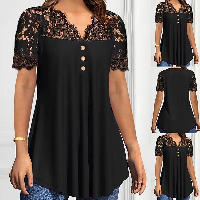 Spring/Summer 2025 European & American Women's Black Lace Short Sleeve Casual Top