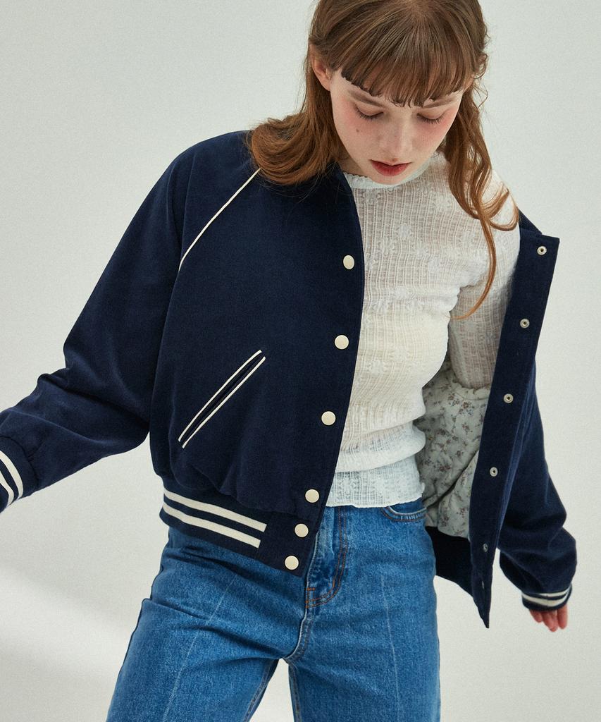 Between A And B Floral Quilted Corduroy Varsity Jacket [Navy]