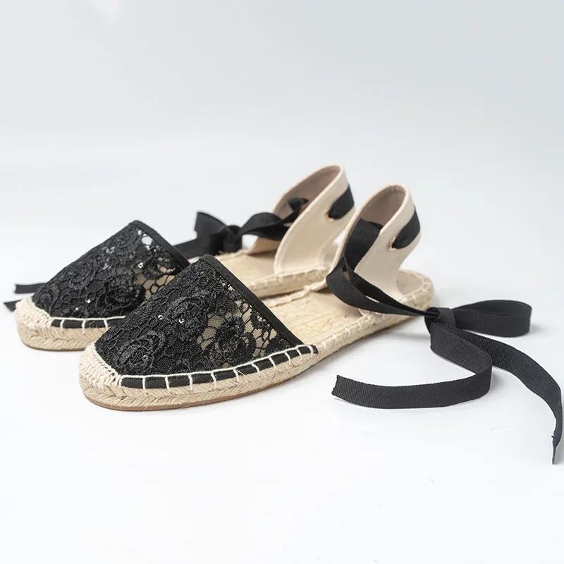 Fashion 2025 Hemp Rope Bottom Ladies Sandals Flat Shoes Women Strappy Fisherman Sandals Women Spring and Summer New Lace Students