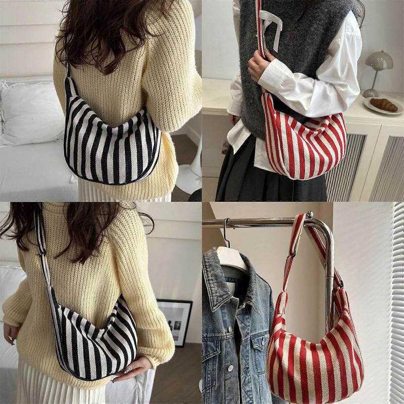 Striped Canvas Shoulder Bag for Women Large Capacity Casual Style Crossbody Bags Satchel Purse for Work and Everyday Use Red