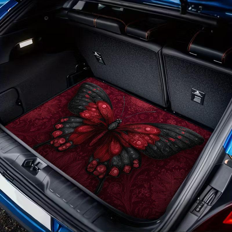 1Pcs Dark Red Butterfly Print Car Trunk Mat with Anti Slip Cargo Liner Waterproof Rear Storage Protector Floor Mat for SUV Sedan