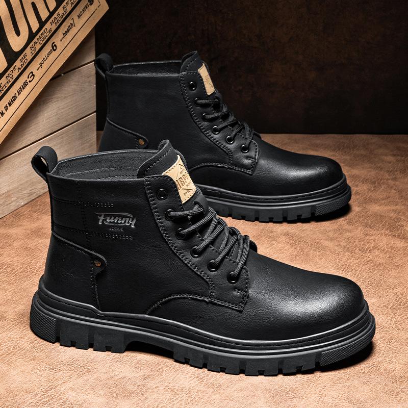 Leather Martin boots men s heightening retro British high-top tooling shoes men s high-end mid-top men s shoes autumn and winter 39 чёрный 8119₽