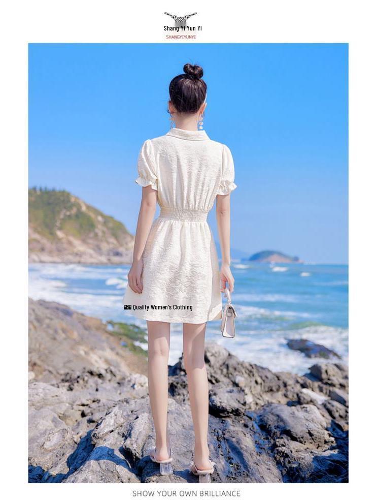 Petite Women's Retro Summer Dress with French Doll Collar, Short Sleeves, and Slimming Waist-Cinched Skirt