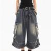 American Style Women Vintage Washed Workwear Denim Shorts with Multiple Pockets Pleated Design Loose Drapey Seven-Foot Pants