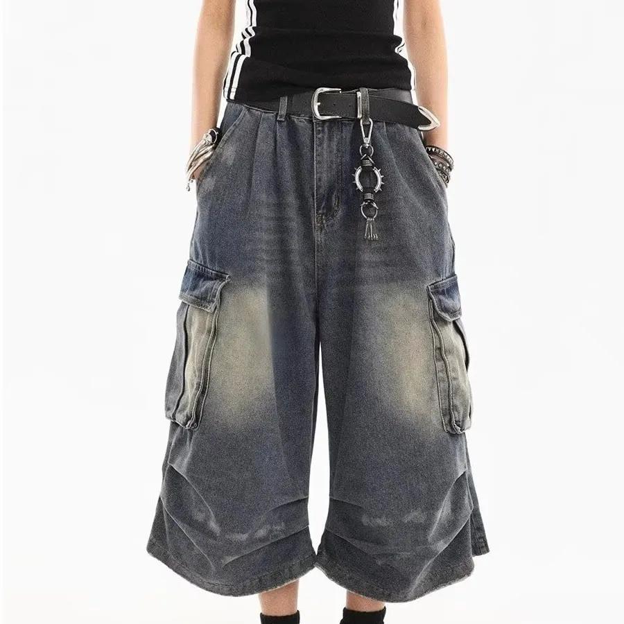 Pantaloni scurți din denim pentru femei, stil american, vintage, spălați, cu buzunare multiple, design plisat, lejer, drapeați, de șapte picioare