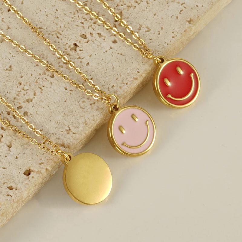 18K Pink Smiley Face Pendant Necklace - Stainless Steel Cartoon Jewelry for Women