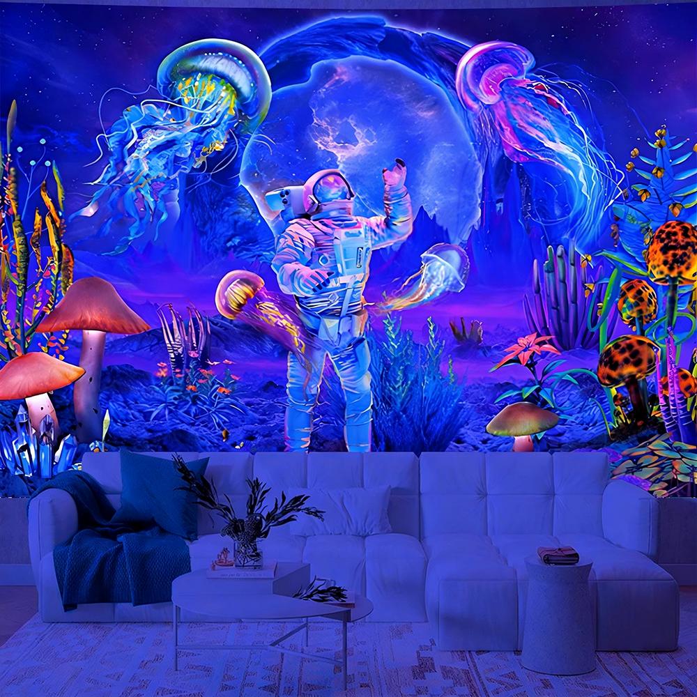 Neon Astronaut Tapestry For Vivid Decor Uv Reaction Tapestry Background Decoration Wall Hanging Bedroom Party Decoration