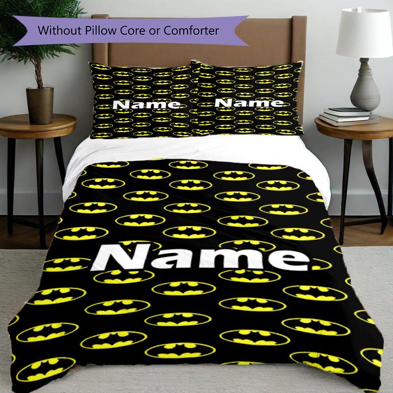 3pcs Duvet Cover Set (1*Duvet Cover + 2*Pillowcase, Without Core), Custom Name Batman Pattern Bedding Set, Home Bedroom Decor Gift