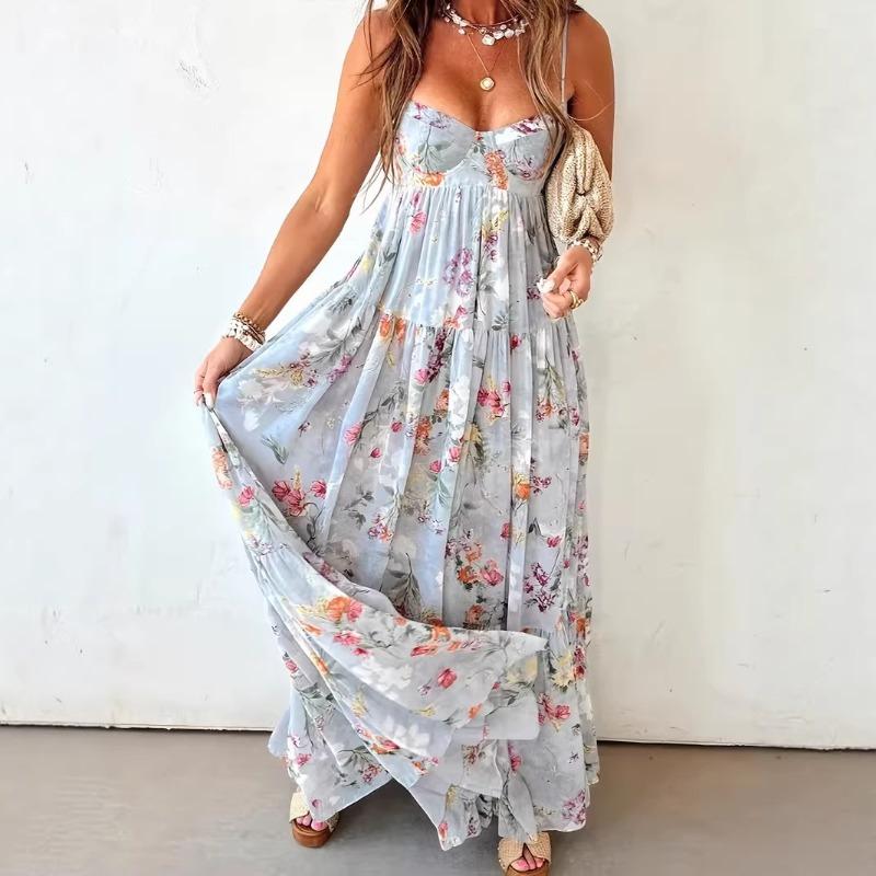 European and American summer new printing sleeveless backless temperament elegant suspender dress women's clothing
