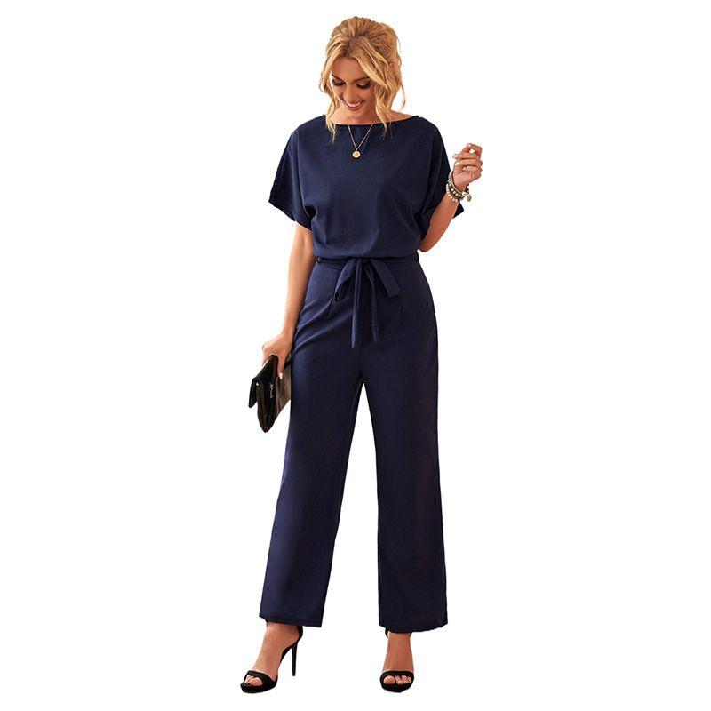 

2024 Summer New Arrival Solid Color round Neck Short Sleeves Jumpsuit Women Casual All-Matching Strap Mid Waist Jumpsuit Trousers Women LC64520-dark blue S code fits (45.00 kg-55.00 kg