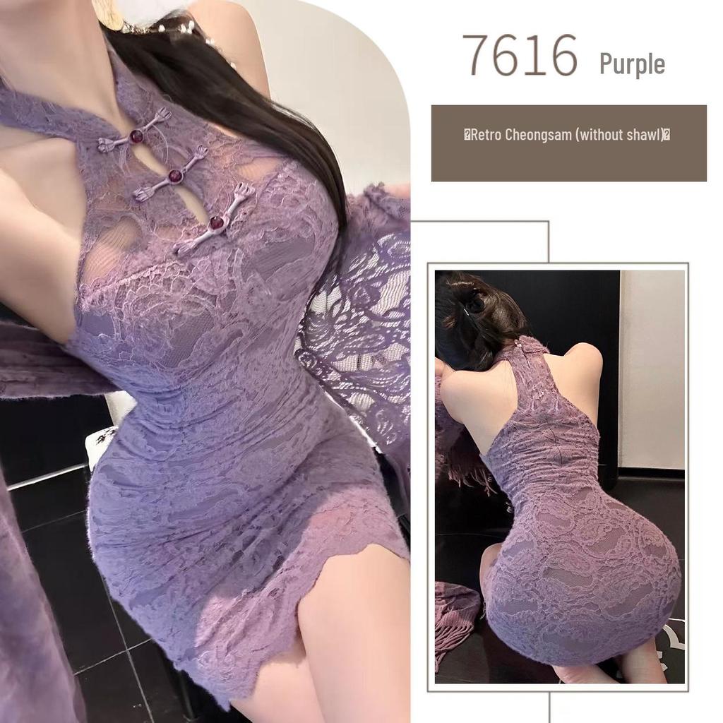 Purple Cheongsam-Inspired Bodycon Lingerie with Stand-up Collar - Spicy Temptation 7616