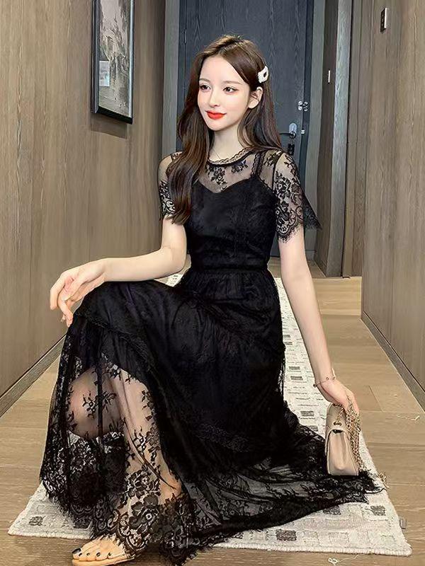 Black Hollow Mesh Lace Short-Sleeve Dress – Retro & Alluring French Style, Slimming Waist-Cinching Design for the Mature Woman.