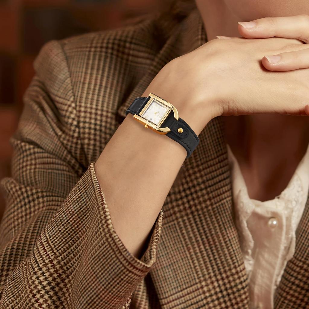 BUREI and Gold Square Roman Black Leather Perfect for and Casual Made in Japan Battery Women's Watch, Stylish, Simple, Cute, Quartz, Waterproof,