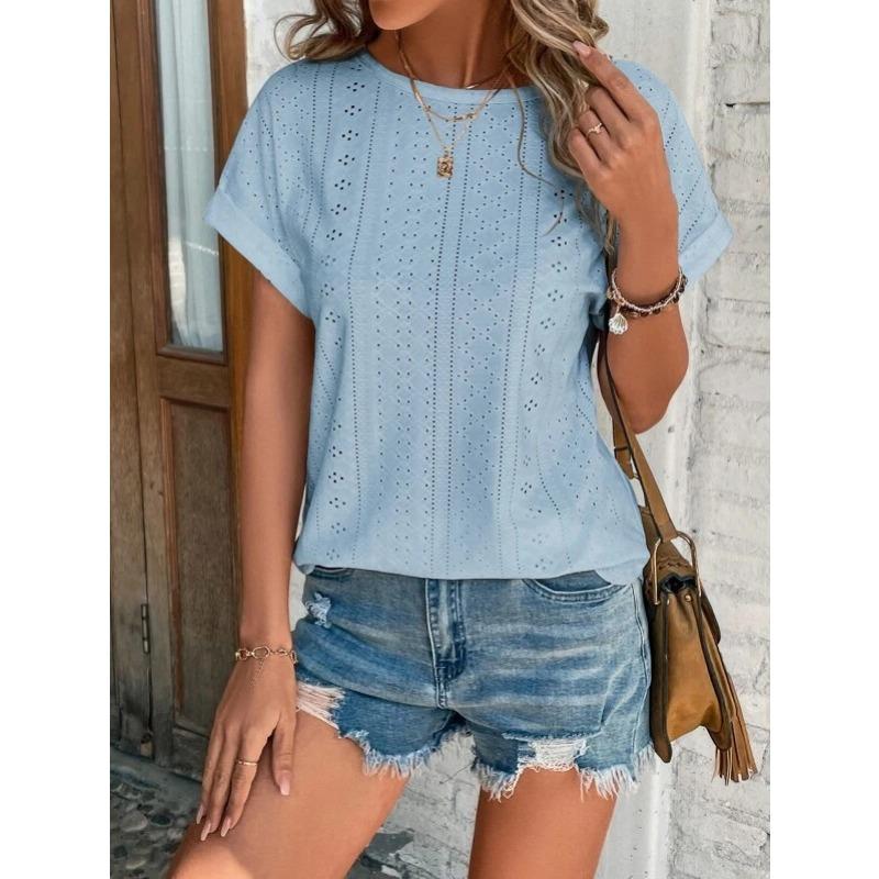 Fashion Casual Bat Short Sleeves Hollow Blouse Women O Neck Loose Summer T Shirts Female Office Tops Sweet Embroidery Solid Color Elegant Clothing
