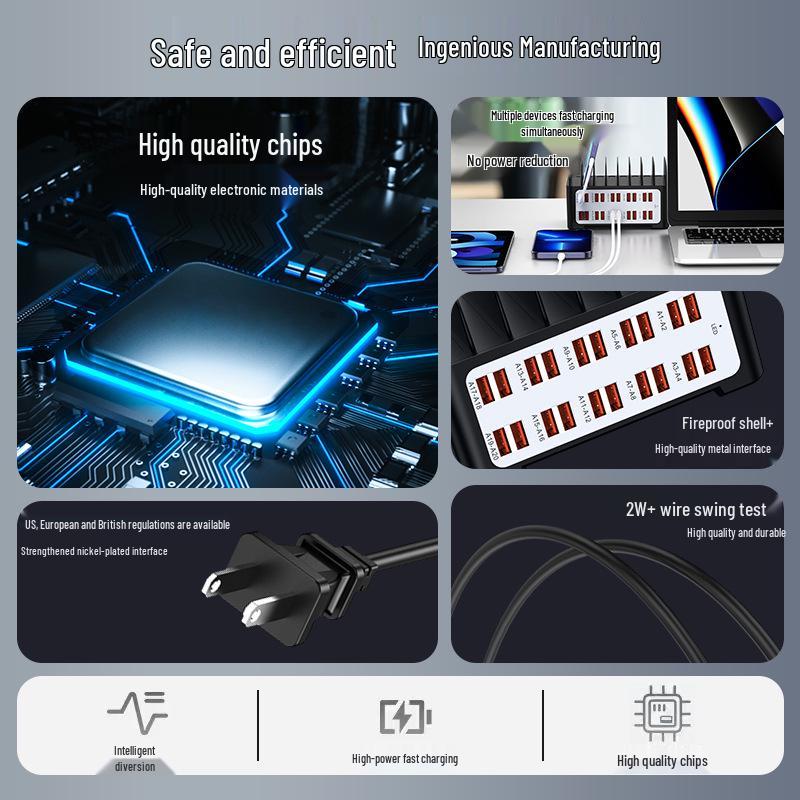 20-Port USB Charger with Stand Divider, 5V 2A Power Strip for Phones
