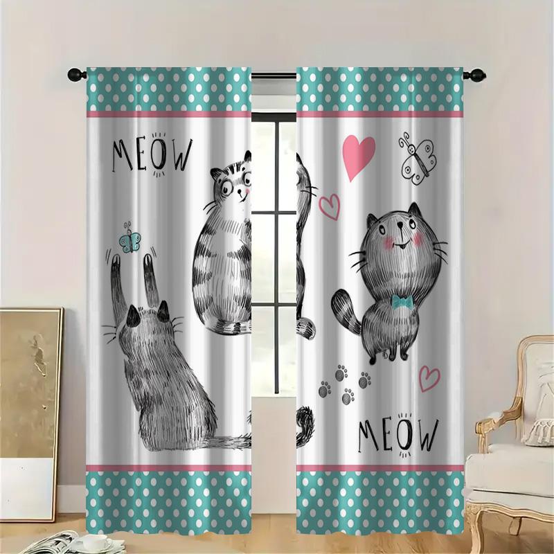 

2 шт. Милые шторы с принтом кошек и бирюзовой отделкой в горошек, Причудливые драпировки для детской комнаты, детской, гостиной и спальни 53cmX116cmX2pcs&Without mount