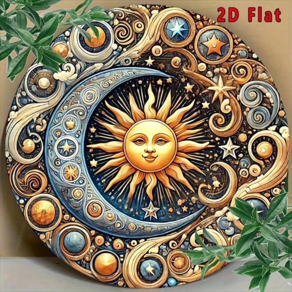 Sun Moon 2D Flat Wall Art 8x8 Inches Round Aluminum Metal Decor