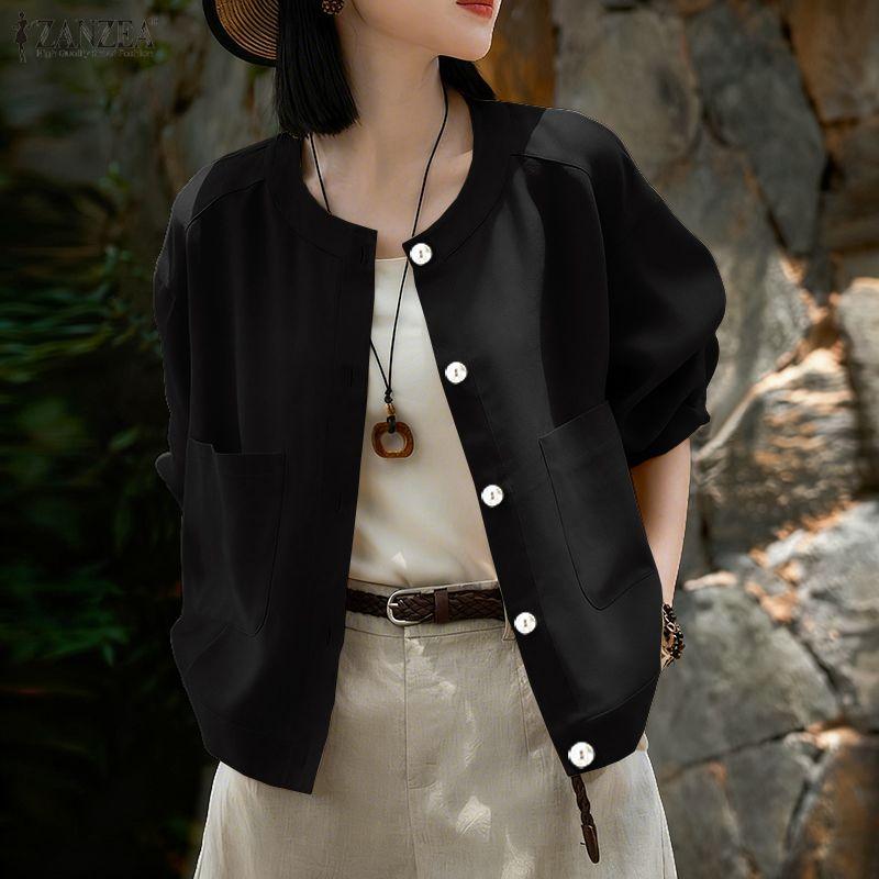 ZANZEA Dámská ležérní bavlněná halenka s kulatým výstřihem a volným dlouhým rukávem