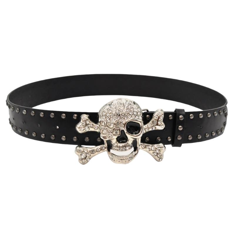 Punk Totenkopf Strass Nietenbesetzter Gürtel Für Männer Frauen Gothic Modeaccessoire mit Verstellbaren Schnallen