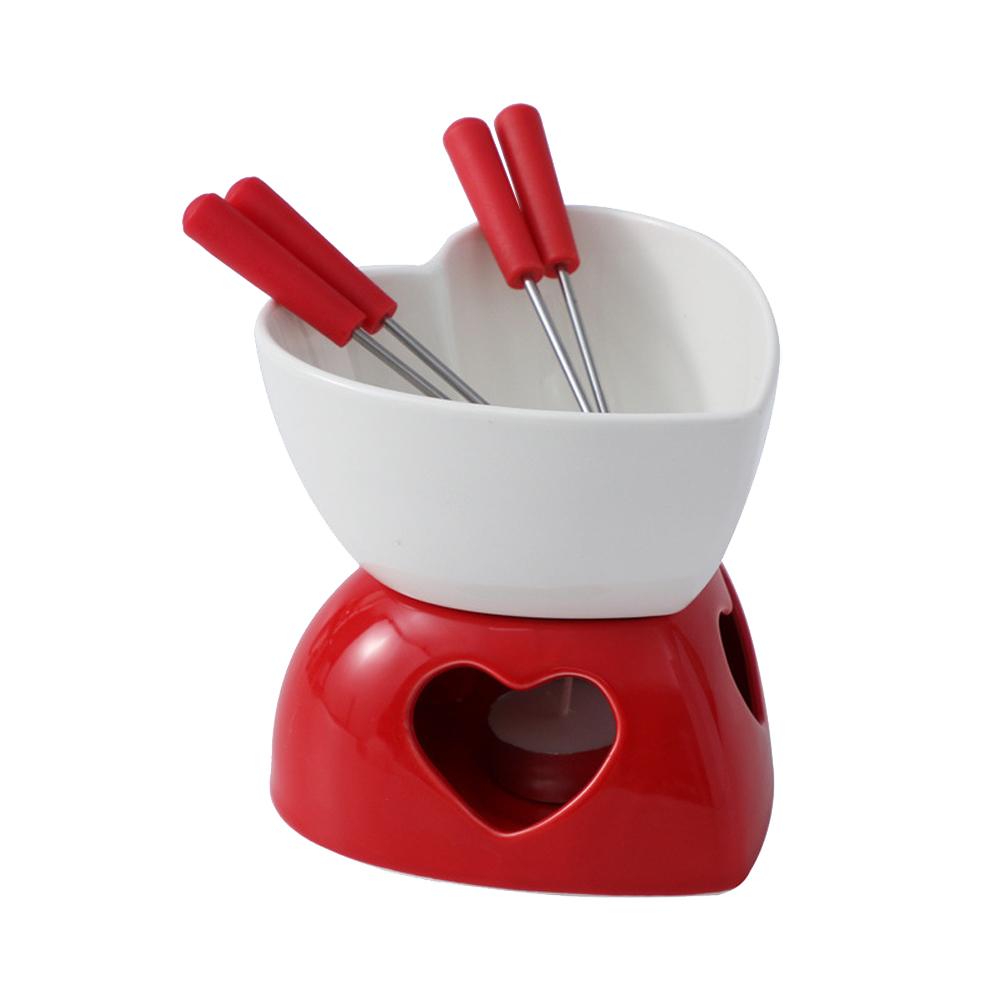 Romantic Heart-Shaped Ceramic Fondue Pot Set Red & White Dessert/Cheese Melting Versatile Chocolate Dipping Bowl For Ice Cream