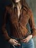 Women's Point Collar Long Sleeve Suede Shirt Slim Retro Western Pocket Blouse