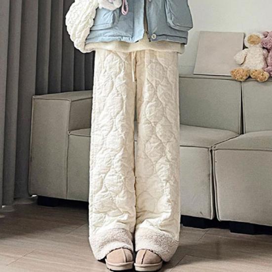 Women Cotton Pants Elastic High Waist Solid Color Wide Leg Causal Trousers with Pockets Thickened Plush Lining Winter Pants