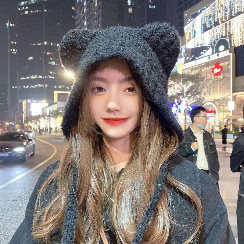 Cute bear ears plush hat women's winter versatile face small warm ear protection hat big head circumference knitted knitted hat