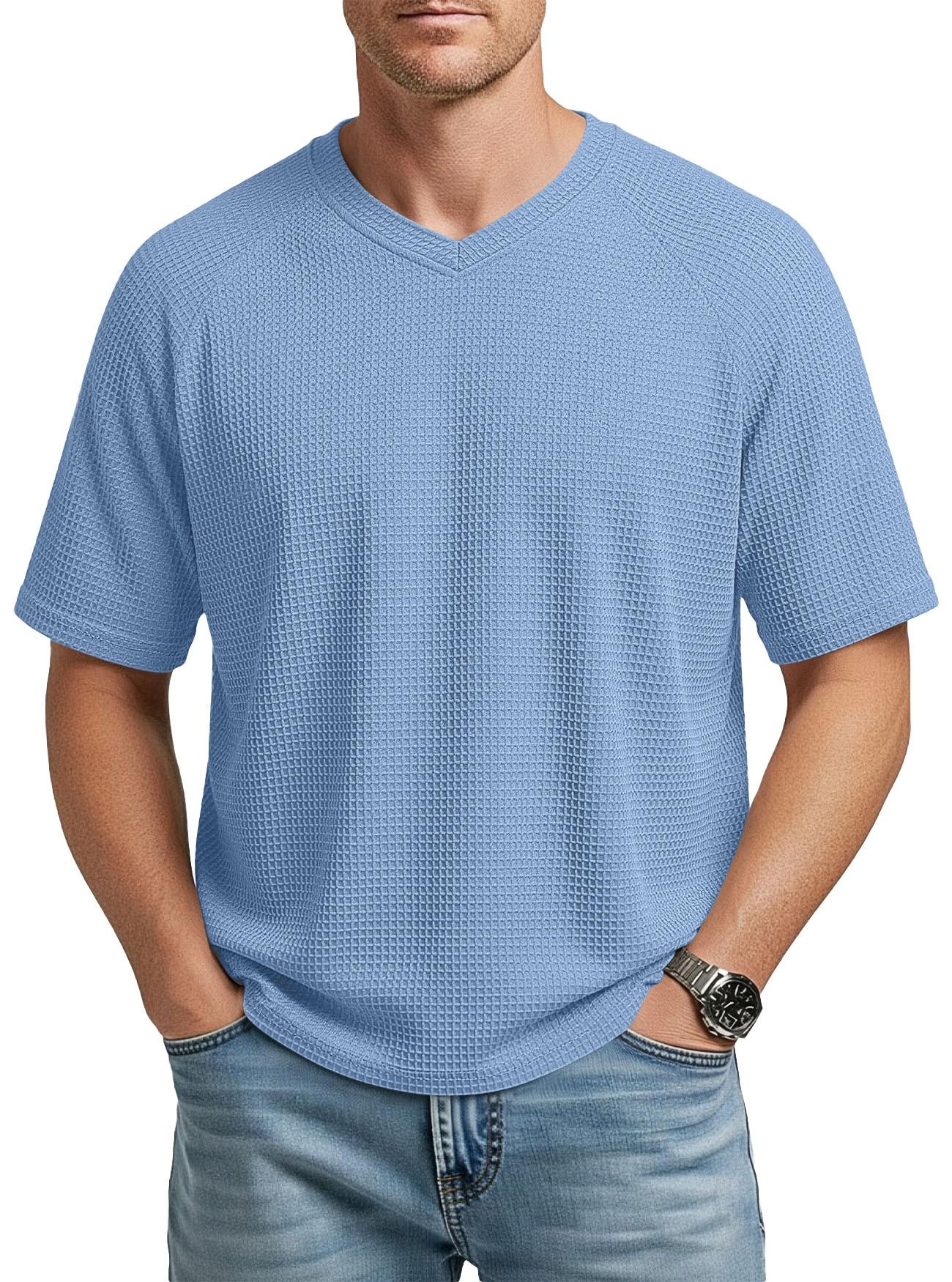 Men Fashion Waffle Knit Casual V Neck Short Sleeve T Shirt S синий