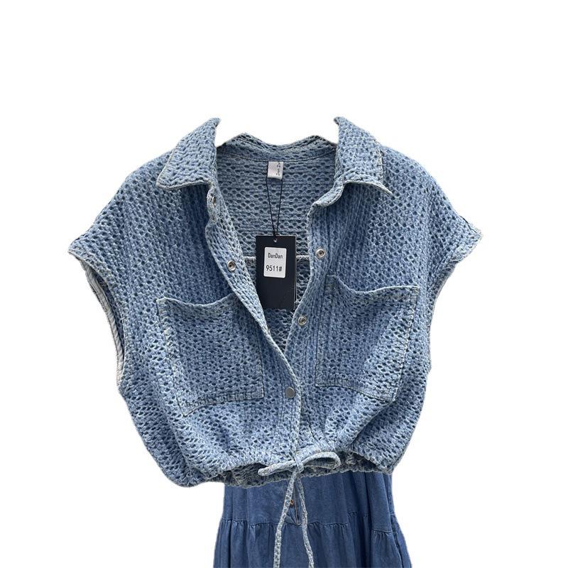 Women's Tweed-Style Denim Vest: Spring/Summer New Arrival, Loose Fit, Drawstring-Cinched Waist, Versatile Trendy Jacket