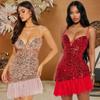 Women's Sequin Halter Dress Dinner Dress Wrap Hip Short Dress Patchwork Lotus Hem