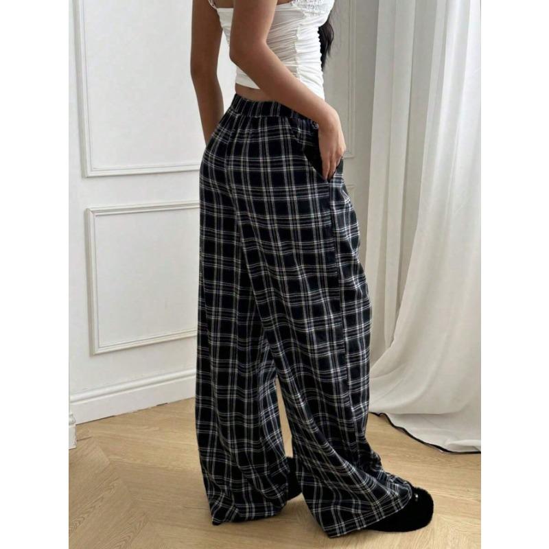 Pantaloni a Quadri da Donna, Vita Alta Coulisse Gamba Larga, Pantaloni Casual Streetwear da Casa