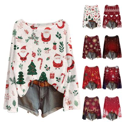 Women's Round Neck Lightweight Sweater Casual Long Sleeve Christmas Print Knit Pullover.