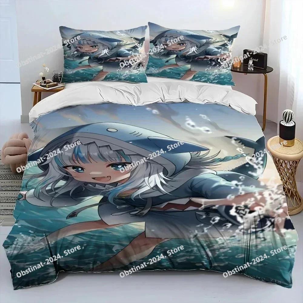 Cute Gawr Gura Hololive Anime Shark Printed Duvet Cover Pillowcase Bedding Set Bed Linen Sheet Quilt Cover Full Queen King Size