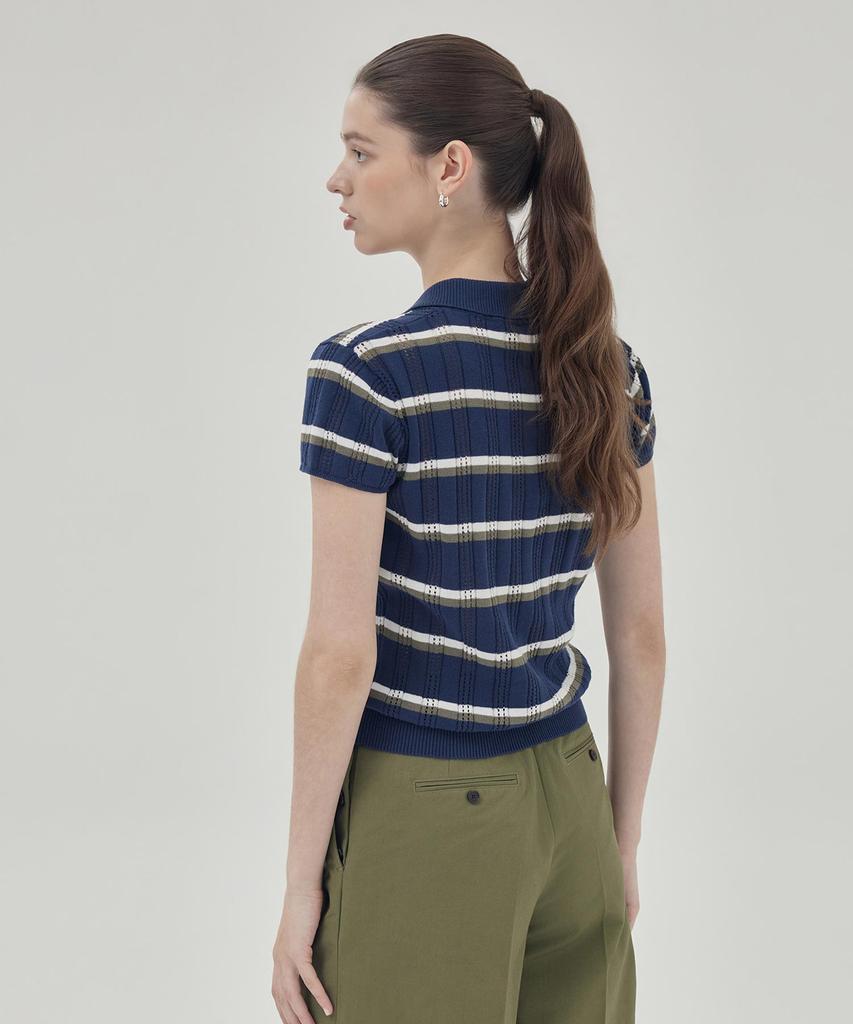 THEKNITCOMPANY Orea Stripe Polo Shirt - Cavern Navy