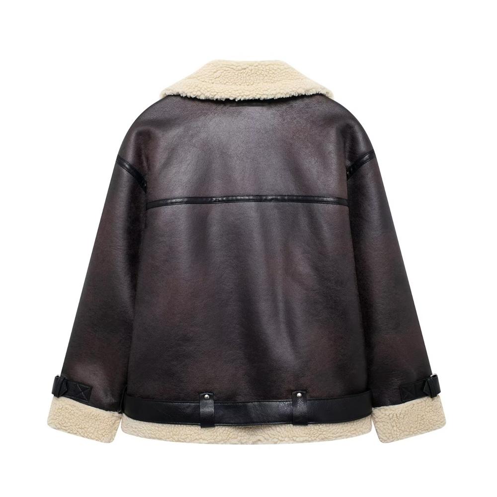 Winter Damen Doppelseitiges Revers Langarm Langer Jackenmantel Fleece-Steppfutter mit Gürtel