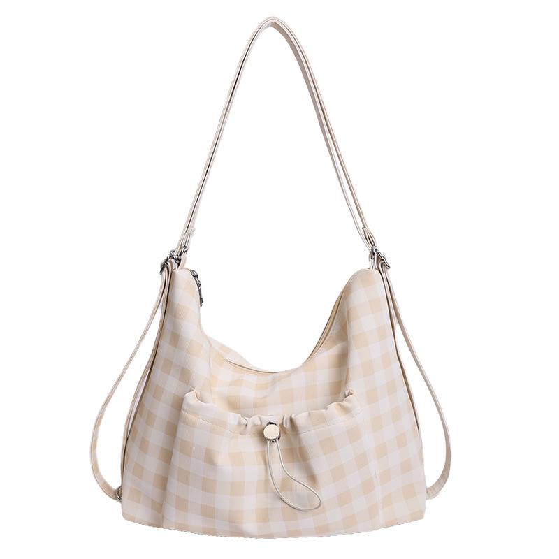 Fresh Plaid Drawstring Shoulder Bag, New Large Capacity Sports Outdoor Crossbody Bag, Versatile Stylish Women's Bag