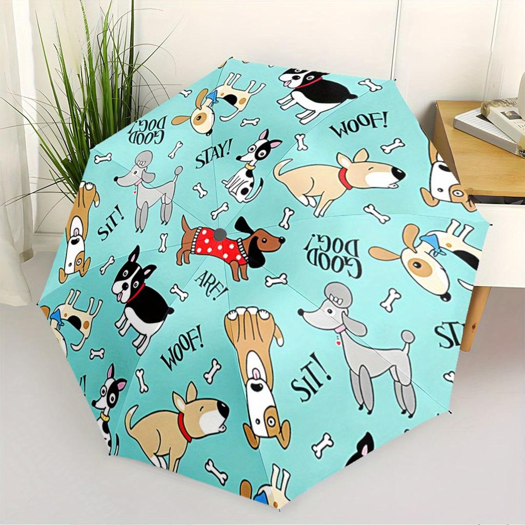 Folding Umbrella The umbrella features cartoon illustrations of dogs, including a Poodle, a Beagle, and a Dachshund, accompani