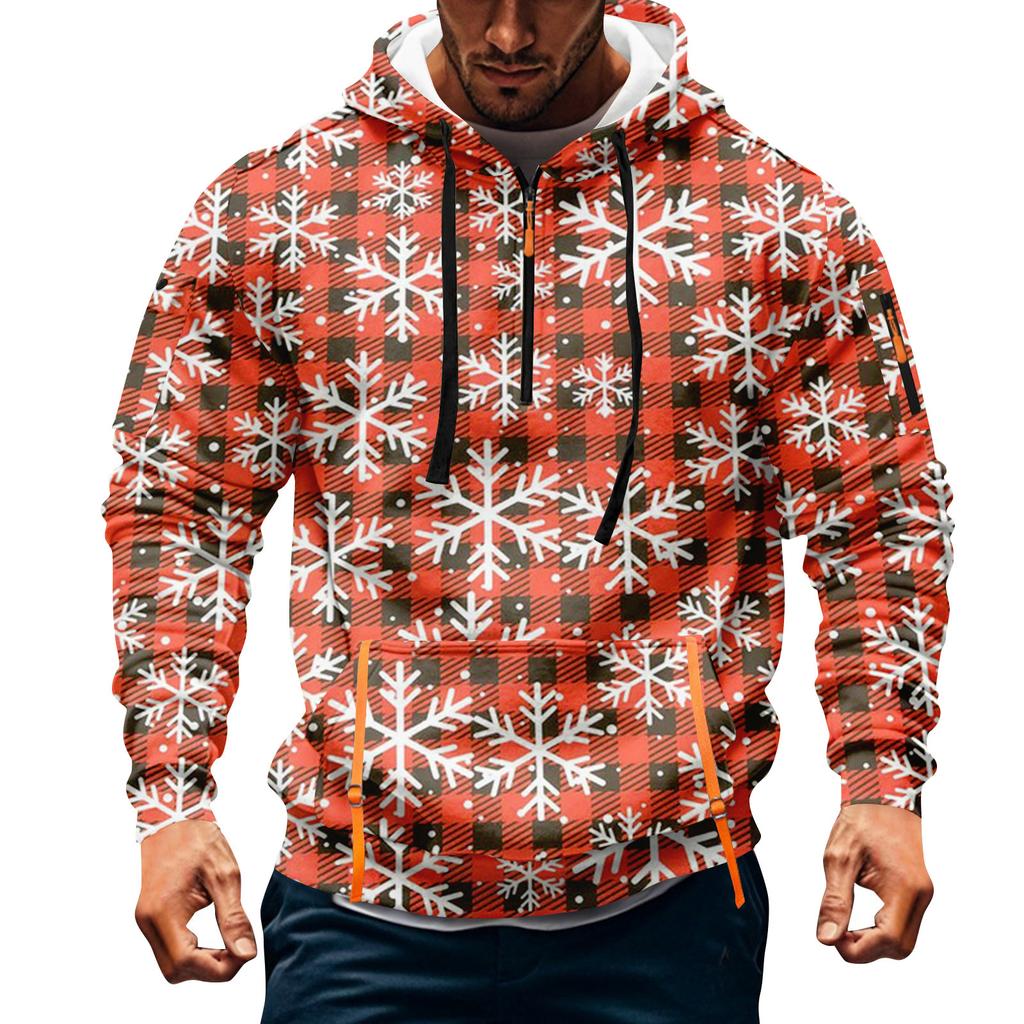 Sudadera deportiva casual de media cremallera con capucha y estampado navideño para hombre