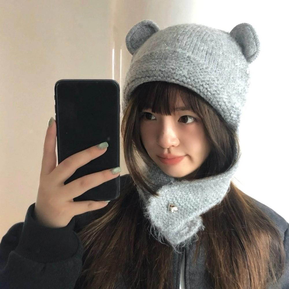 Y2k Warm Beanie Hats Cute Ear Protection Cap Kawaii Bear Ear Knitted Cap  Outdoor
