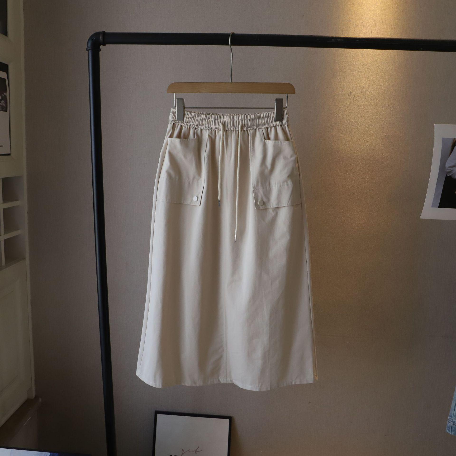 

Korean Style Elastic Waist Pocket Midi Skirt, 2025 Spring/Summer Collection Women s Workwear One Size