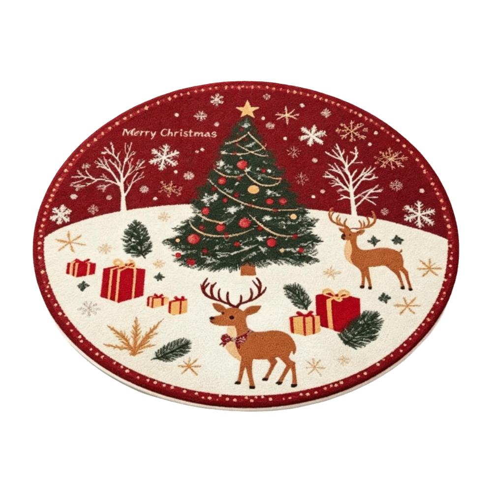 Reindeer Christmas Rug 2D Flat Printed Round Carpet Holiday Decor Christmas Doormat Party