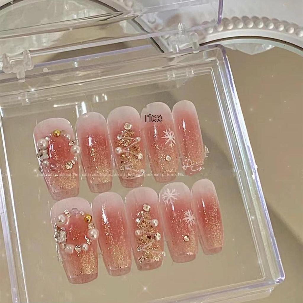 Festive Blush Snowflake Glitter Nails - Christmas & New Year Stickers