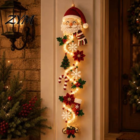 Light Up Seasonal Home Decor Glowing Christmas Door Hanger, Crochet Spiral Ornament with LED Lights, Snowman Santa Reindeer Entryway Festive