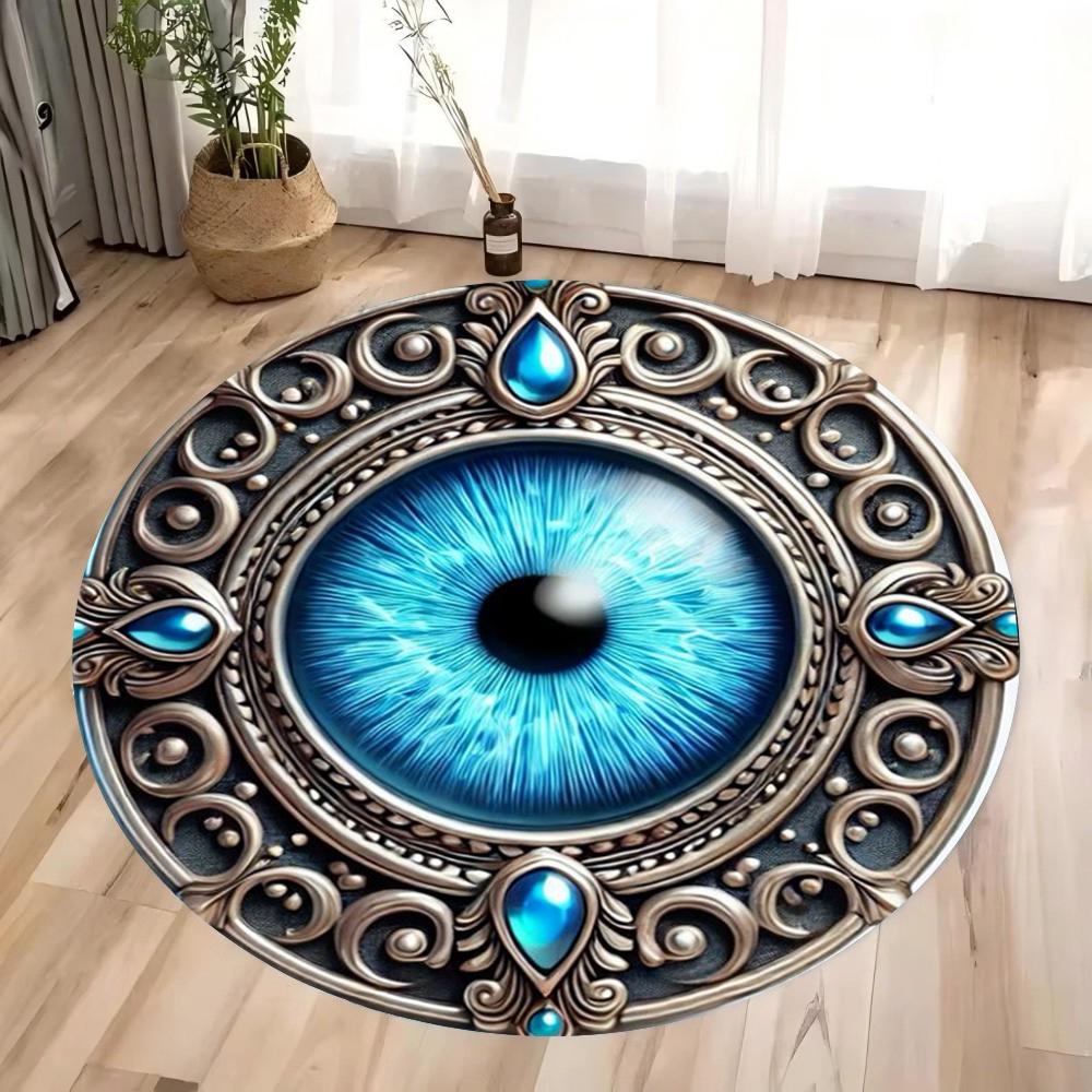 Mystic Blue Evil Eye Mandala Round Area Rug, Soft Non-Slip Indoor Outdoor Floor Mat for Living Room and Bedroom Decor