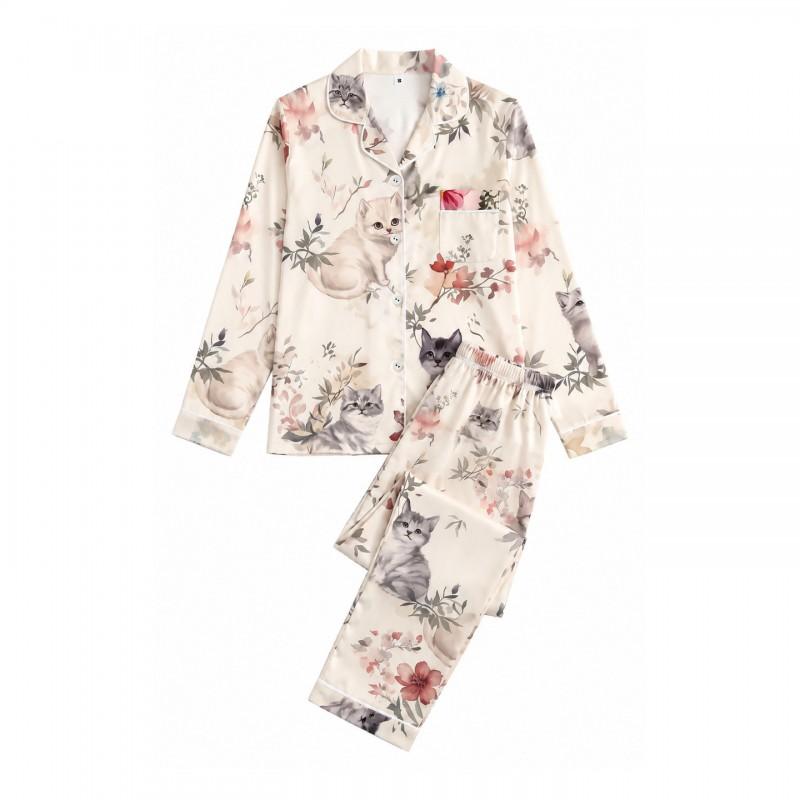 2026 Long Sleeve Cat Pajamas Set Middle-Aged Women Milk Silk Loungewear S-XL