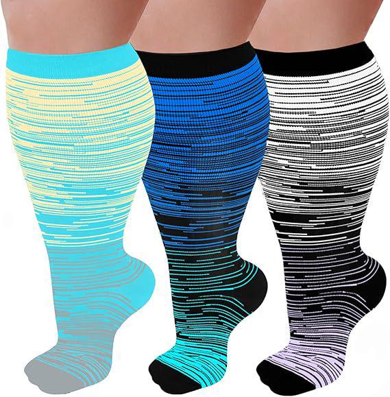 Three-Pair Pack Plus Size Knee-High Compression Socks for Wide Calf - Extra Large Support & Circulation Pressure Socks