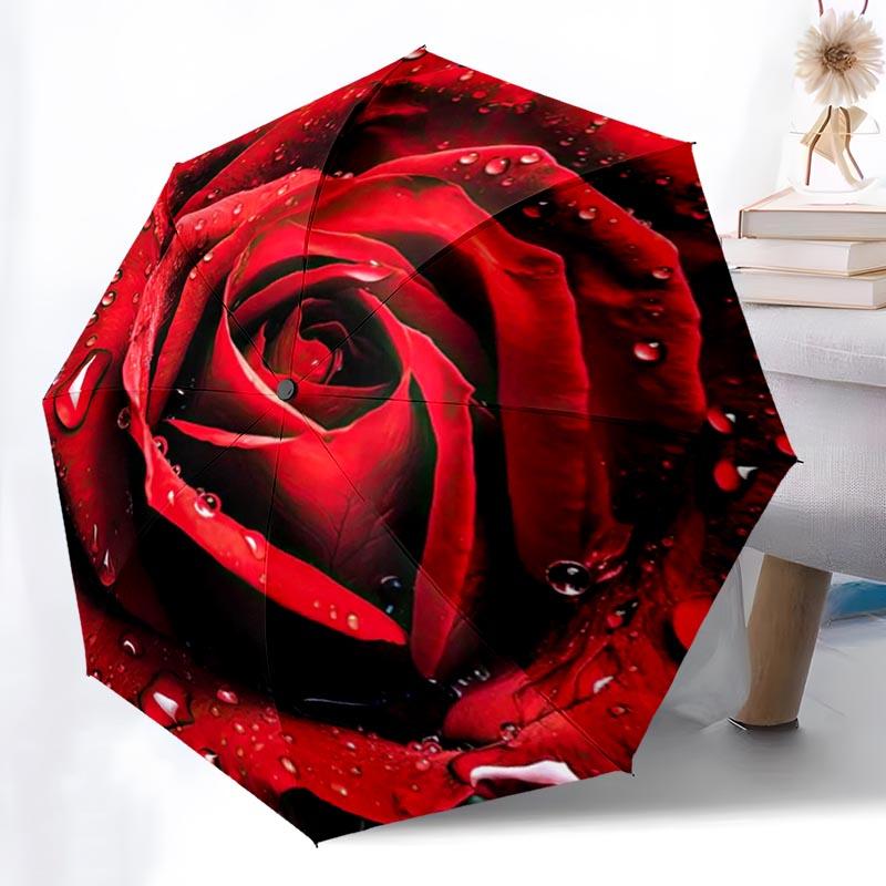 Rose Lover Folding Umbrella Fashion Auto-Open 8 Iron Ribs Plastic Handle Foldable Sunshade Perfect Christmas Gifts